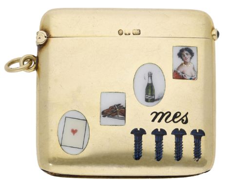 An 18ct gold vesta case, enamelled with depictions of the Four Vices - drinking, horse racing, gambling and women, to the low