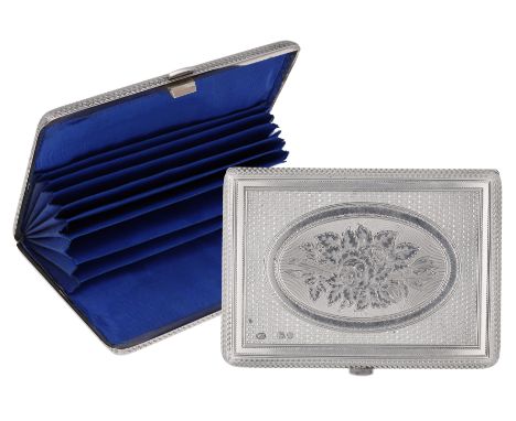 A Victorian silver visiting card case, of rectangular form, the front centred with a spray of roses in oval reserve, the reve