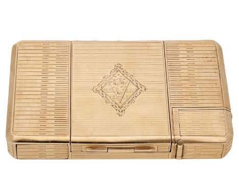 A 9ct gold necessaire by Dunhill, 1936, of rectangular form, with ribbed decoration throughout, comprising a hidden lighter, 