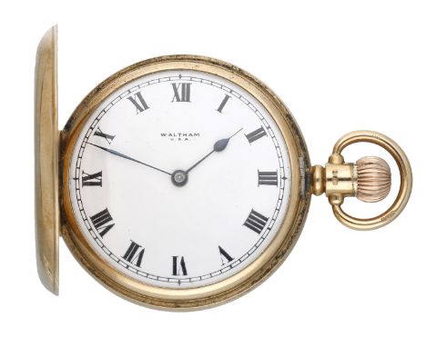 Waltham. A gold hunting cased keyless watch, circa 1939. Movement: lever escapement, 9 jewels, no. 29614747. Dial: white enam