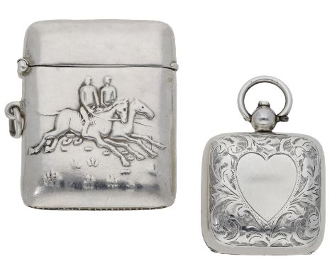 A silver vesta case, depicting galloping horses to both sides, stamped ‘STERLING 925’, with suspensory loop, and a square sil