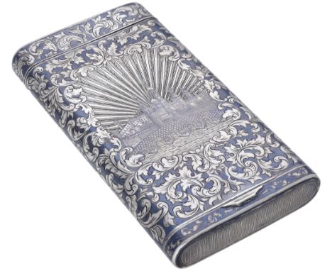 A  Russian late 19th century silver and niello cigar case, reserving a panel of the Kremlin and bridge over the Moskva river,