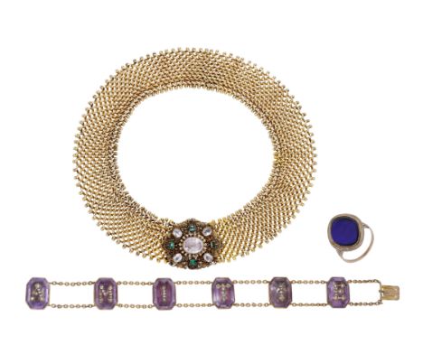 A small collection of antique jewellery, comprising an early 19th century mesh-link choker with gem-set cannetille clasp, an 