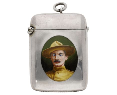 A silver vesta case, with enamelled portrait of Baden Powell, by Cornelius Desormeaux Saunders & James Francis Hollings (Fran