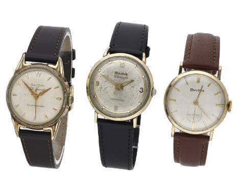 Bulova. Three gold plated wristwatches, circa 1960. Movements: 1st & 2nd: automatic; 3rd: manual winding. Dials: silvered. Ca