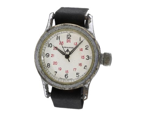 Longines. A nickel plated British military wristwatch, C.O.S.D., ‘Tuna Can’, circa 1945. Movement: manual winding (back seale
