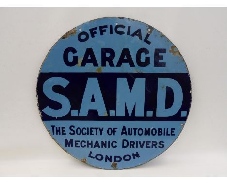 An unusual Society of Automobile Mechanic Drivers of London circular double sided enamel sign, with some retouching, 24" diam