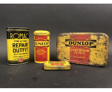 A Dunlop tyre repair outfit no. 3 car size tin, a Dunlop Major patch strip outfit cylindrical tin, in very good condition and