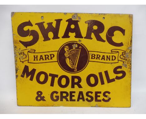 A SWARC 'Harp Brand' Motor Oils and Greases double sided enamel sign with a small patch of restoration to both sides, 20 x 16