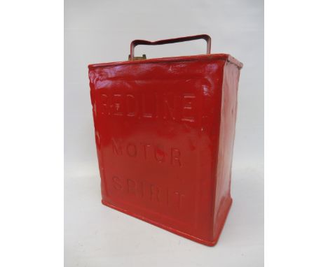 A Redline Motor Spirit two gallon petrol can by Valor, dated 1912.