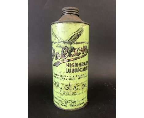 An unusual Falcon High Grade Lubricants 'Atlas Gear Oil' cylindrical quart can of light green colour.