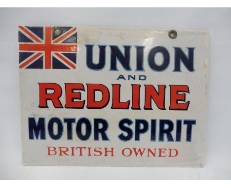 A rare Union and Redline Motor Spirit rectangular double sided enamel sign, in good condition, the edges touched up with whit