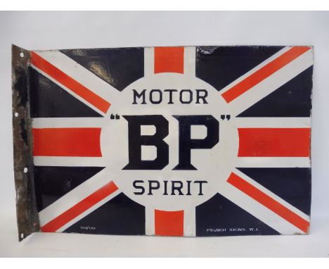 A BP Motor Spirit Union Jack double sided enamel sign with hanging flange, by Franco, some restoration, 24 x 16". 