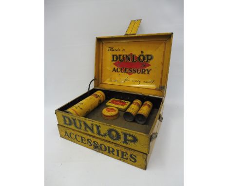 A rarely seen Dunlop Garage Repair Outfit tin with concertina opening sections and assorted tin contents.