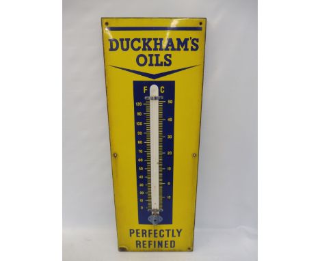A Duckham's Oil enamel thermometer, broken tube, 13 x 36". 