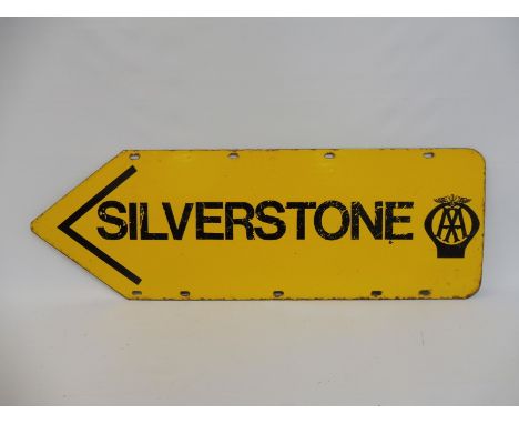 An AA double sided directional arrow enamel sign with stencilled lettering for 'Silverstone', 36 x 12". 