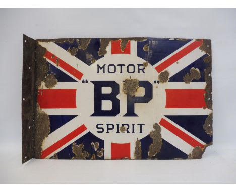 A BP Motor Spirit Union Jack double sided enamel sign with hanging flange, stamped: Vitreous Acton, 24 x 16". 
