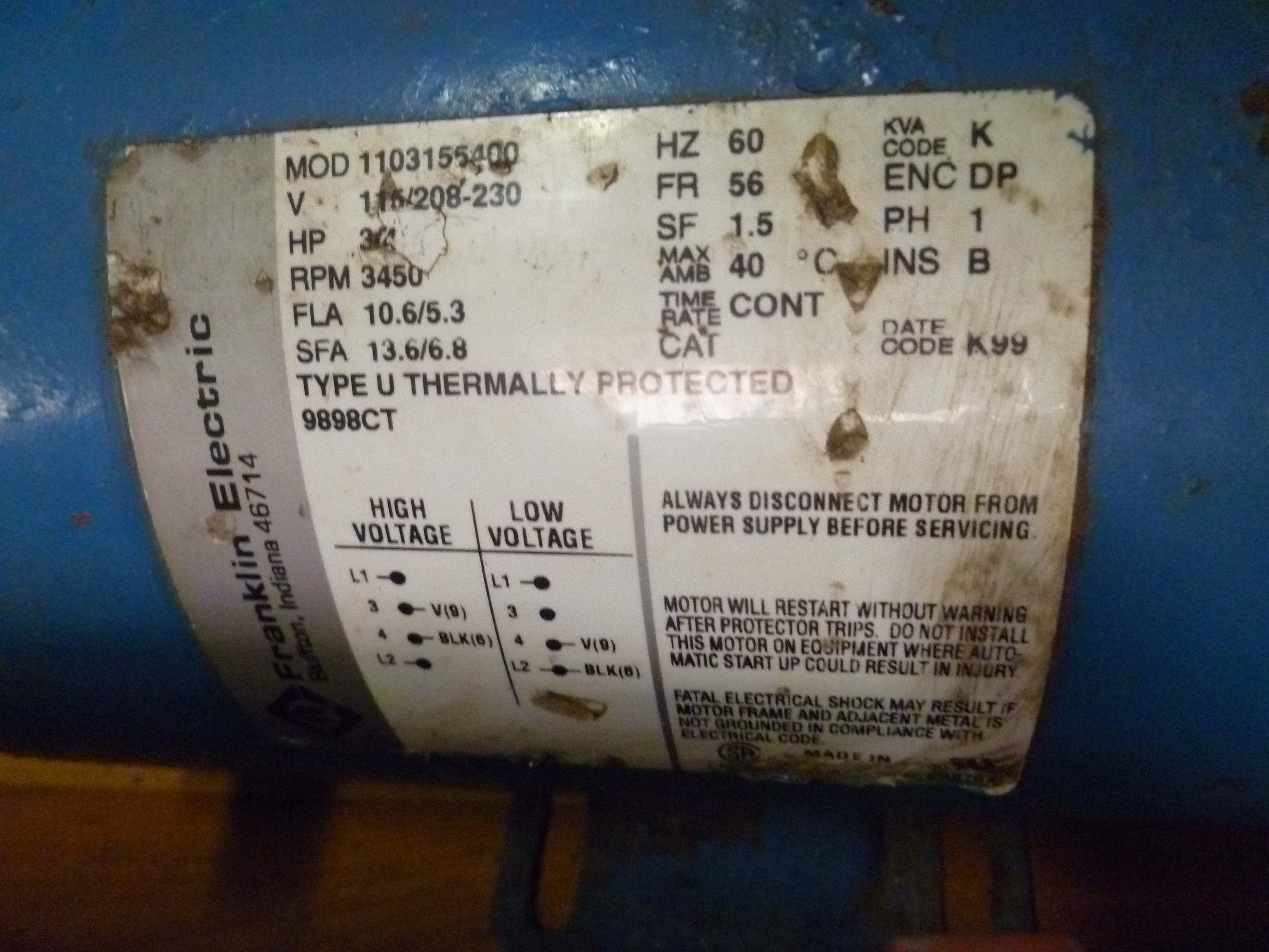 FRANKLIN ELECTRIC 1103155400 3/4 HP 3450 RPM 60HZ 3PH LOCATED AT 6901