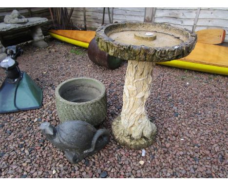 Stone bunny figure birdbath together with stone planter etc