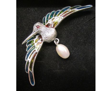 Champlevé enamel &amp; silver seagull brooch