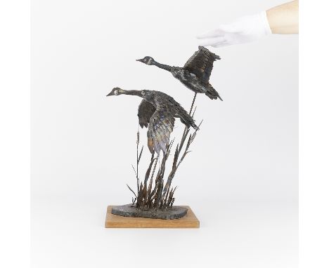 Jim Dolan (American, b. 1949). Steel sculpture in the form of two Canadian geese gliding over cattails, 1976. Signed and date