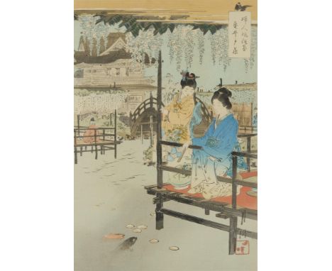 Ogata Gekko (Japanese, 1859-1920). Woodblock print on paper depicting two finely dressed women admiring koi in a pond. From t