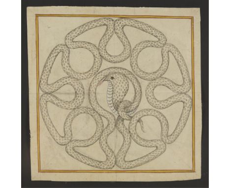 Indian ink and pigment on paper Kundalini yantra or serpent diagram depicting a coiled cobra with tail interlaced in symmetri