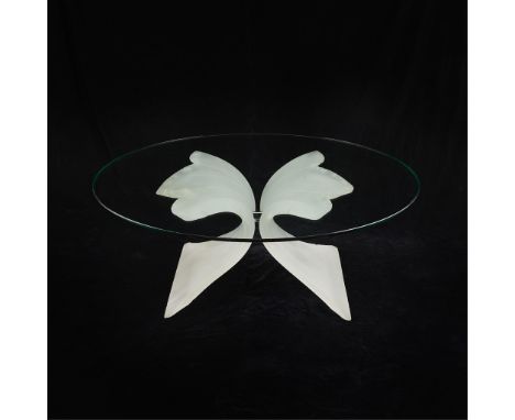 Lion in Frost, United States. Mid-century modern lucite and glass coffee table in the form of a butterfly. Etched "Lion in Fr