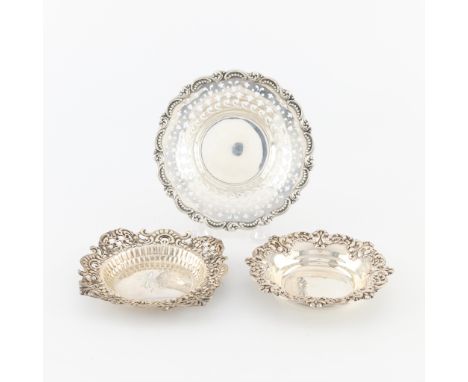 Group of three sterling dishes including:One Amston sterling dish with ornate foliate rim, marked Amston, sterling, 116.One W