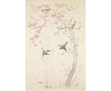 20th century Chinese silk embroidery depicting birds swooping around a blooming cherry blossom tree.Sight; height: 33 3/4 in 