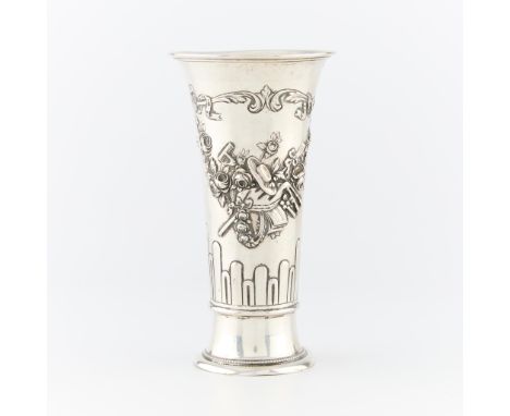 Hanau silver vase of flared cylinder form with repousse lover birds and shepherd and shepherdess accoutrements. Marked along 