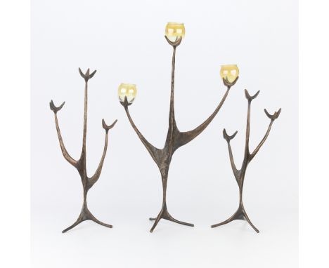 Aharon Bezalel (Israeli, 1925-2012). Three sculpted bronze tripod candelabras or candlesticks, late 1970s. The candelabras ca