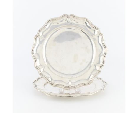 Two 800 silver scalloped edged plates. Marked along the reverse 800 with indistinct other mark.Diameter, each: 10 1/2 in. Gro