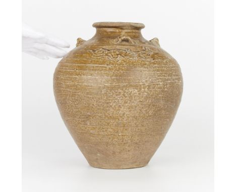 Large Chinese ceramic vase or storage jar, Ming dynasty. With a beige glaze and four applied handles along the high shoulders