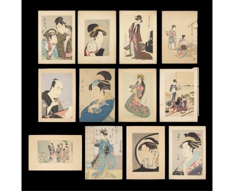 Group of 12 antique Japanese woodblock prints depicting beautiful women or courtesans in intricate dress. Including artists s