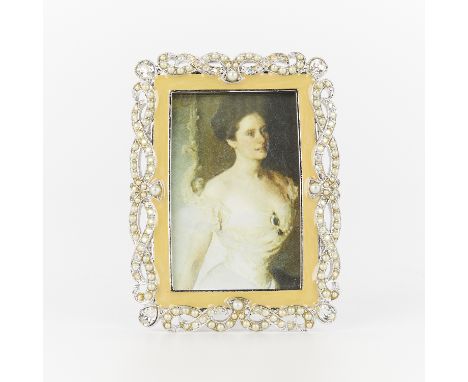 Jay Strongwater, United States. Swarovski crystal and pearl frame with a yellow enamel border. With the original box and tags