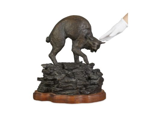William "Bill" Rains (American, 1936-2021). Cast bronze sculpture in the form of a spooked bobcat, 1979. Signed, dated, and n