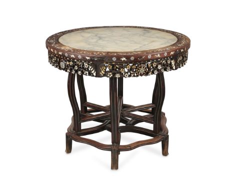 Chinese carved teak wooden table with marble table top, mother-of-pearl inlay, and ornate marquetry throughout, early to mid-