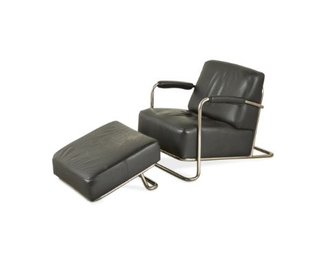 R.C. Coquery (French, 20th century) for Thonet, Germany. Mid-century modern B251 model black leather lounge or armchair and o