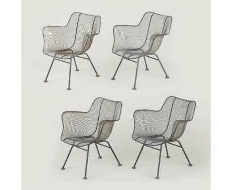 Russell Woodard (American, 20th century) for Woodard, United States. Set of four mid-century modern wrought iron or woven ste