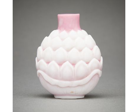 Chinese Peking glass snuff bottle in the form of a lotus flower. In a gentle gradient of white to pink.Height: 2 1/4 in x wid