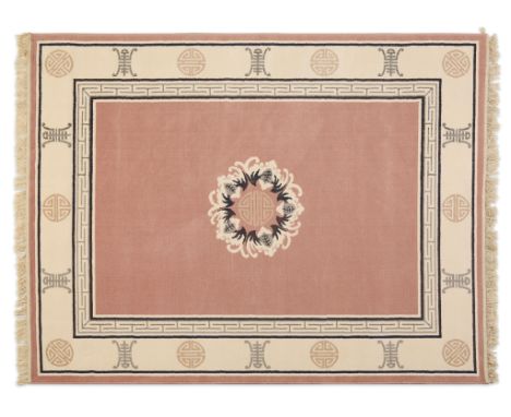 Chinese 20th c. wool carpet with cream bands of blue scrollwork and shou symbols along the border. With a red field and a sho