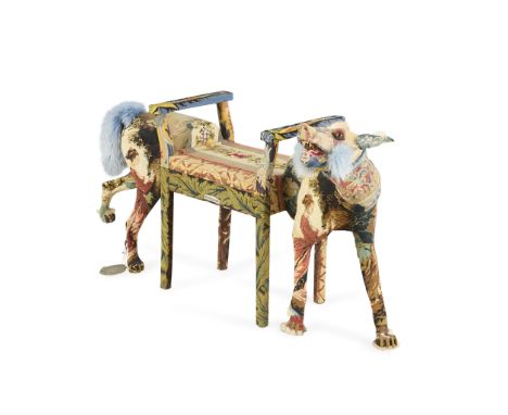 Frederique Morrel (French, 20th/21st century). Needlepoint tapestry taxidermy chair or bench depicting a wolf, 2016. With app