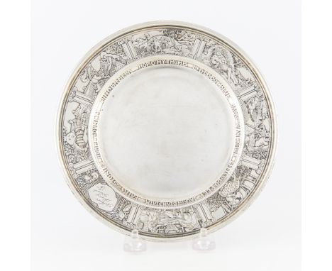 Kerr &amp; Co. sterling silver children's plate. The rim with intricately detailed vignettes from fairytales including Humpty