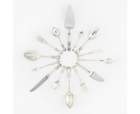 Set of 57 pieces of Towle Old Colonial sterling silver flatware. Comprised of seven forks, six fish forks, six butter knives,