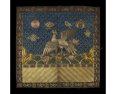 Chinese late Qing silk civil official's rank badge, fifth rank, depicting a silver pheasant. The bird is surrounded by apocry
