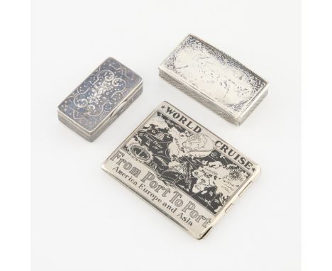 A group of three niello silver cases, including:One Russian .875 silver case with floral and geometric niello exterior. Marke