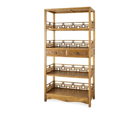 Late 19th to early 20th century carved wooden shujia scholar's shelf or bookcase with two drawers. Carved of a fine hardwood.