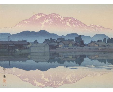 Hiroshi Yoshida (Japanese, 1876-1950). Japanese woodblock print titled "Itoigawa nite: Asa (At Itoigawa in the Morning)" depi