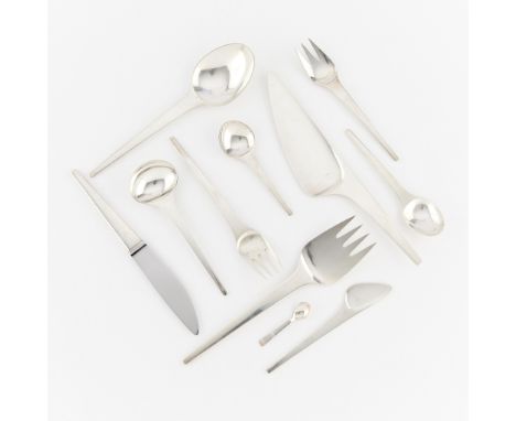 Georg Jensen sterling silverware in the Caravel pattern. Comprised of seventy seven pieces including: 18 teaspoons, 12 soup s